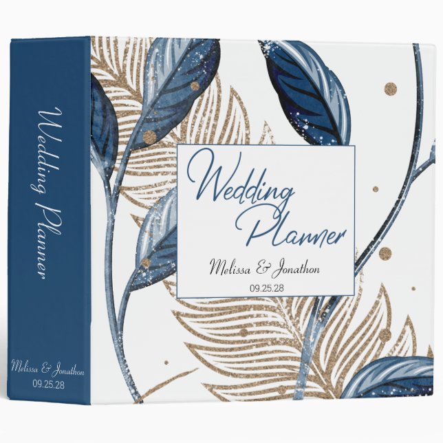Blue Gold Modern Floral Elegant Wedding Planner 3 Ring Binder (Front/Spine)