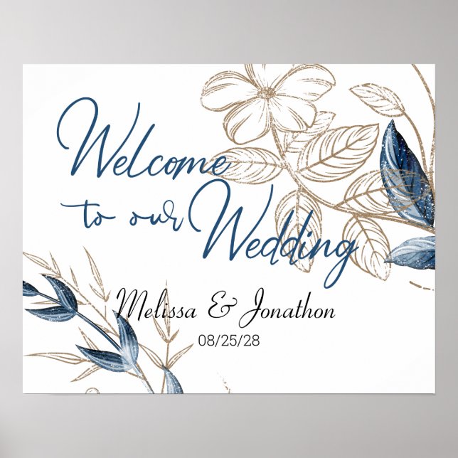 Blue Gold Modern Floral Elegant Wedding Poster (Front)