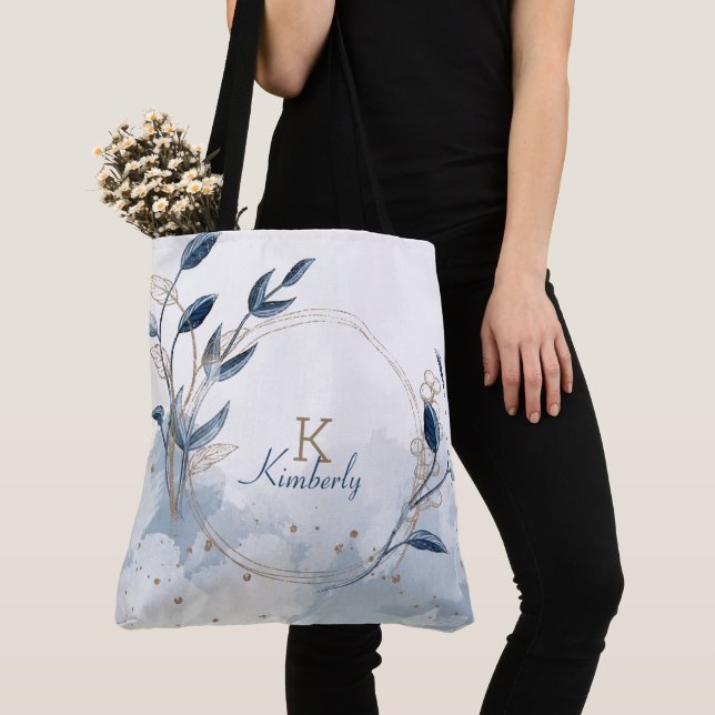 Blue Gold Modern Floral Initial Name Monogram Tote Bag (Close Up)