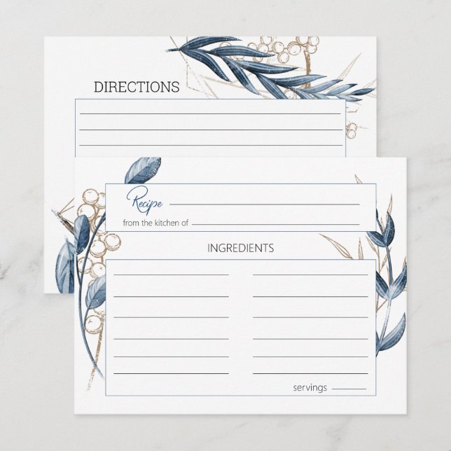 Blue Gold Modern Floral Wedding Recipe Card (Front/Back)
