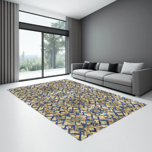 Blue Gold Modern Geometric Pattern Indoor Area Rug