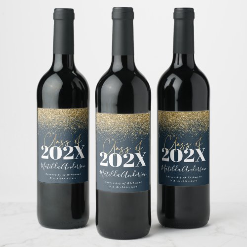 blue gold modern glitter graduation class of 22  wine label