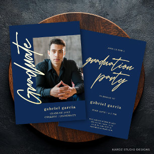 Blue Gold Modern Graduation Invitation Foil Invitation