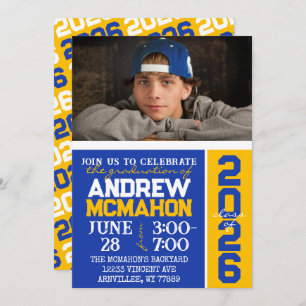 Blue & Gold Modern Graduation Photo Invitation