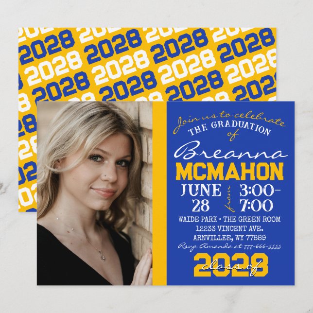 Blue & Gold Modern Graduation Photo Invitation (Front/Back)