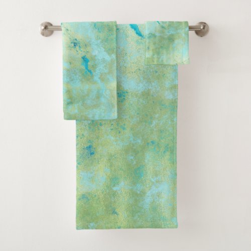 Blue  Gold Modern Marbled Abstract Marble Splash Bath Towel Set