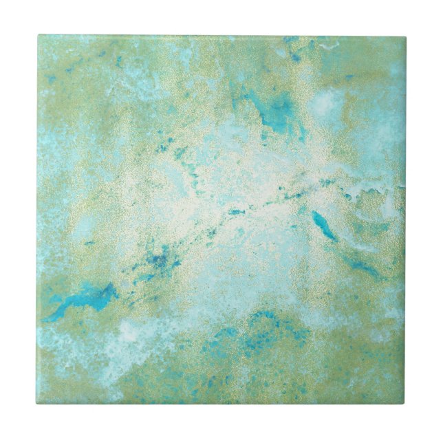 Blue & Gold Modern Marbled Abstract Marble Splash Ceramic Tile (Front)