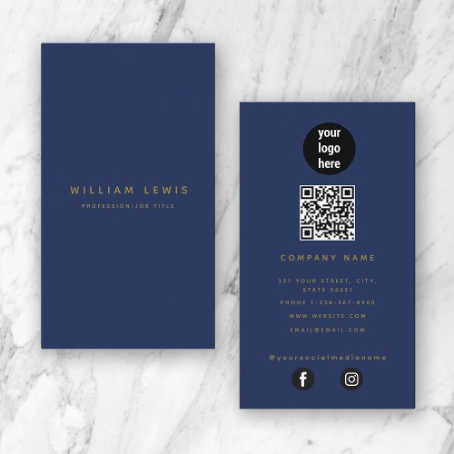 Blue Gold Modern Minimalist QR Code Social Media  Business Card