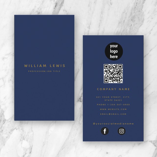 Blue Gold Modern Minimalist QR Code Social Media  Business Card (Blue Gold Modern Minimalist QR Code Social Media Business Card)