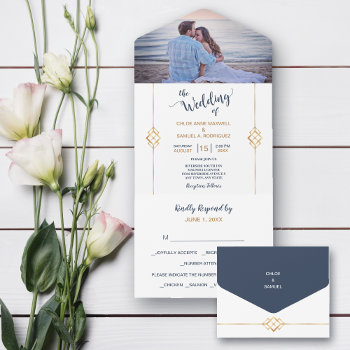 Blue Gold Modern Photo All In One Invitation by AvenueCentral at Zazzle