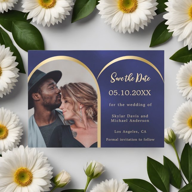Blue gold modern photo arch wedding save the date (Creator Uploaded)
