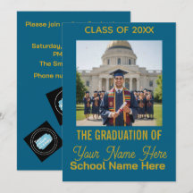 Blue Gold Modern Photo Class Graduation Invitation