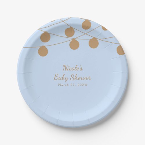 Blue  Gold Modern String Lights Baby Shower Party Paper Plates