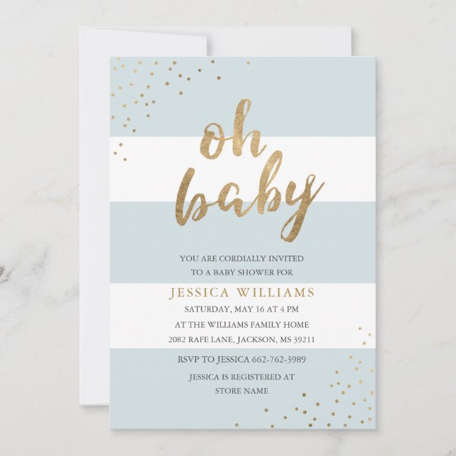 Blue & Gold Modern Stripes Oh Baby Shower Invite (Front)