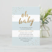Blue & Gold Modern Stripes Oh Baby Shower Invite (Standing Front)