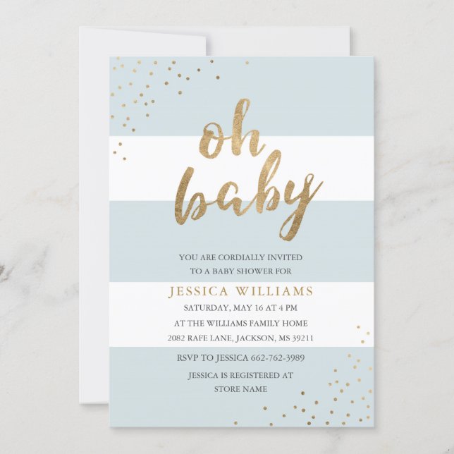 Blue & Gold Modern Stripes Oh Baby Shower Invite (Front)