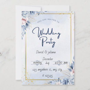 Blue Gold Modern wedding party invitation card
