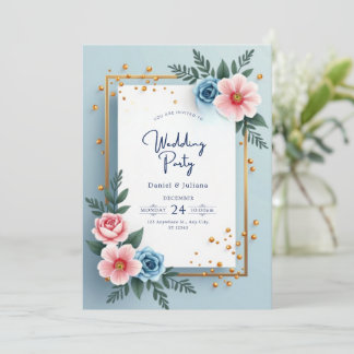 Blue Gold Modern Wedding Party Poster Invitation