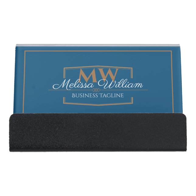 Blue Gold Monogram Desk Business Card Holder (Front)