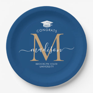 Blue Gold Monogram Graduate Cap Party Graduation Paper Plates