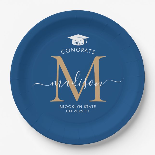 Blue Gold Monogram Graduate Cap Party Graduation Paper Plates (Front)