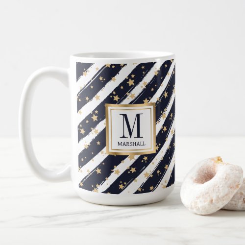 Blue Gold Monogram Name Christmas Holiday Coffee Mug
