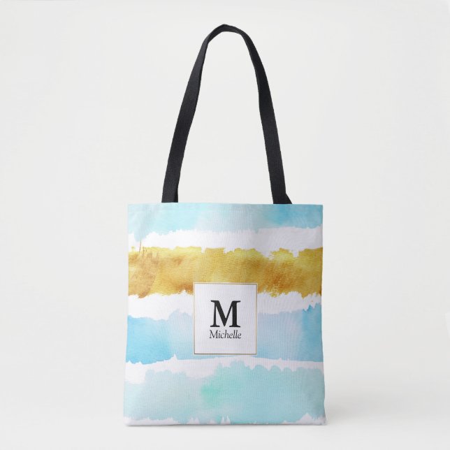 Blue & Gold Monogram Striped Tote Bag (Front)