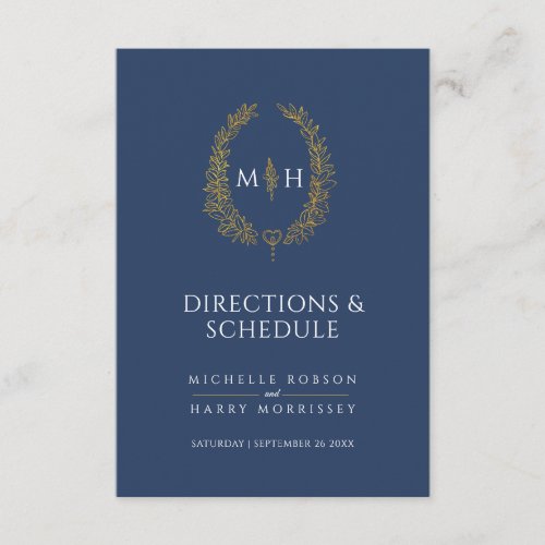 Blue gold monogram wedding directions and schedule enclosure card