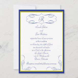 Blue Gold Monogram Wedding Invitation
