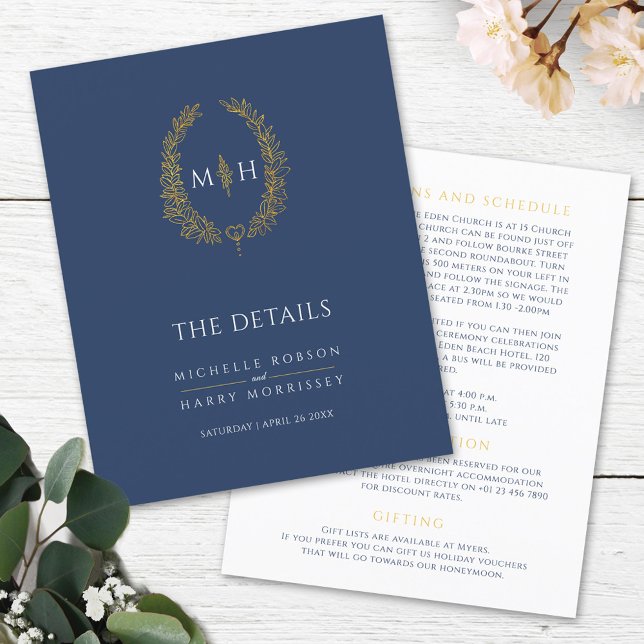 Blue gold monogram wreath wedding details (Creator Uploaded)