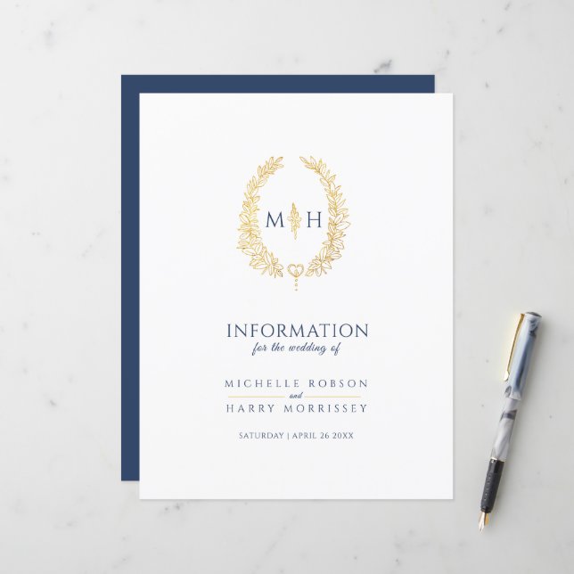 Blue gold monogram wreath wedding guest info (Front/Back In Situ)
