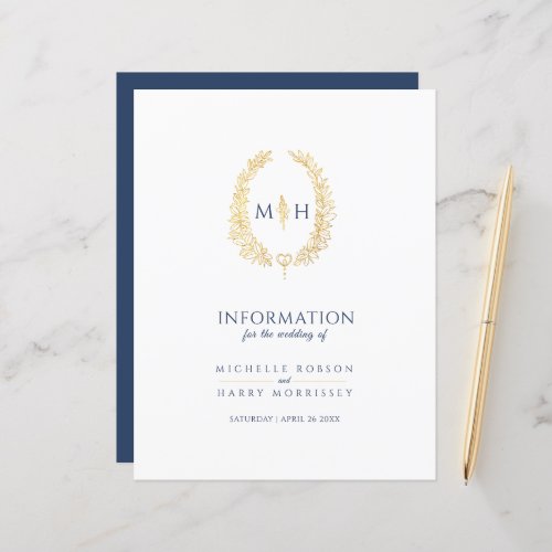 Blue gold monogram wreath wedding guest info