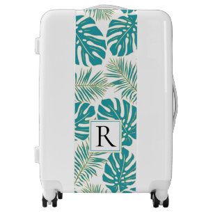 Blue, gold monstera, palm leaves monogram tropical luggage