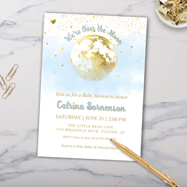 Blue Gold Moon and Stars Celestial Baby Shower Invitation | Zazzle