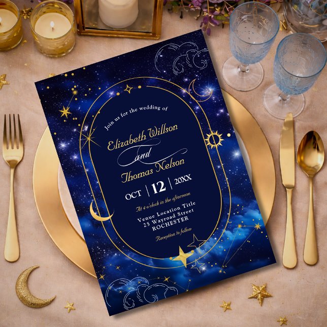Blue gold moon mystic celestial astronomy wedding invitation (Creator Uploaded)