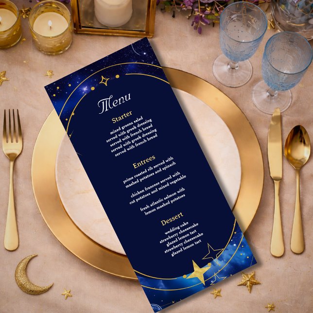 Blue gold moon mystic celestial astronomy wedding menu (Creator Uploaded)