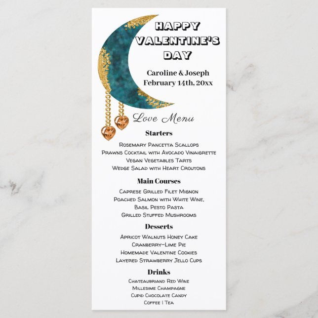 Blue Gold Moon Orange Heart Jewels Valentine’s Day Menu (Front)