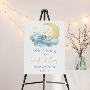 Blue gold moon stars baby boy welcome sign board