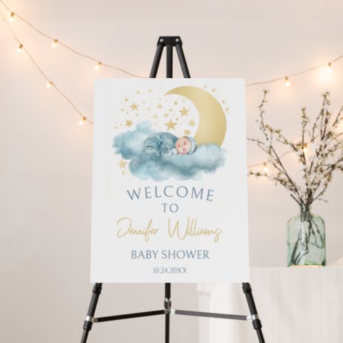 Blue gold moon stars baby boy welcome sign board