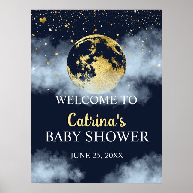 Blue Gold Moon & Stars Baby Shower Welcome Sign (Front)