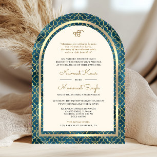 Blue Gold Moroccan QR Code Sikh Arch Wedding Invitation