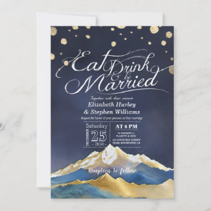 Blue Gold Mountains EAT Drink & Be Married Wedding Invitation