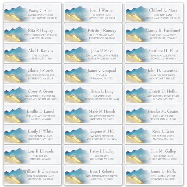 Blue Gold Mountains Wedding Guest Address Sticker (Front)