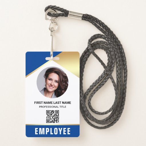 Blue Gold Name Photo QR Code Employee ID Card Badge | Zazzle