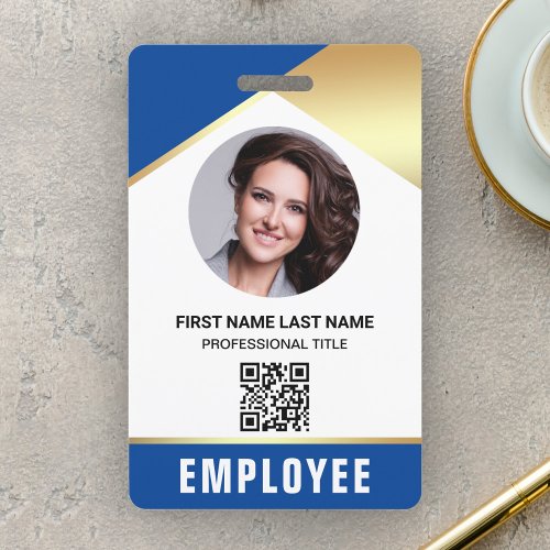 Blue Gold Name Photo QR Code Employee ID Card Badge