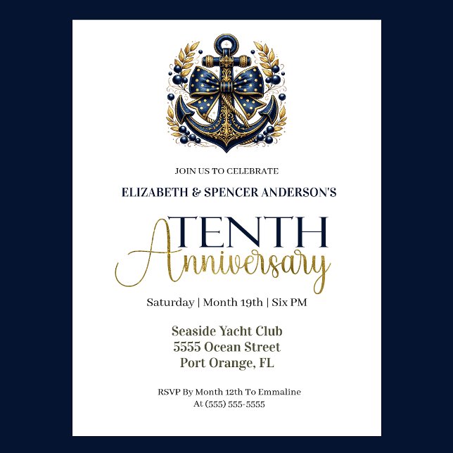 Blue Gold Nautical Anchor 10th Wedding Anniversary Invitation (Navy blue and gold nautical anchor 10th wedding anniversary invitation with elegant coastal theme
)