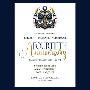 Blue Gold Nautical Anchor 40th Wedding Anniversary Invitation
