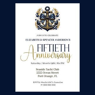 Blue Gold Nautical Anchor 50th Wedding Anniversary Invitation