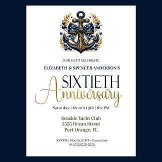 Blue Gold Nautical Anchor 60th Wedding Anniversary Invitation