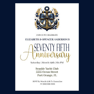 Blue Gold Nautical Anchor 75th Wedding Anniversary Invitation
